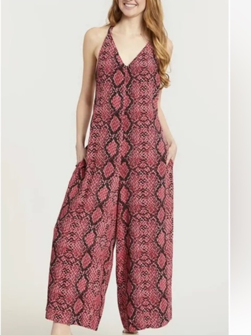 Free People Pink Snake-Print Halter Wide-Leg Jumpsuit